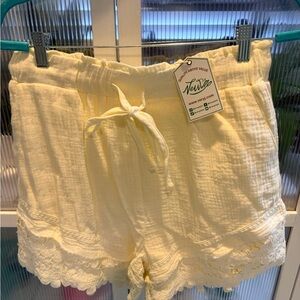 Women's Beige soft gauze like with Lacey -Trim Drawstring Shorts